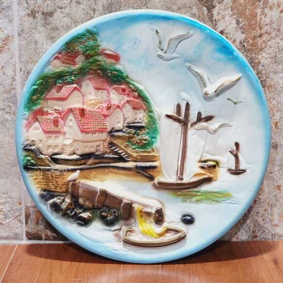Vintage Chalkware Plaster Plaques 3D Wall Hanging Plate Seaside Seagulls Houses - Picture 1 of 11